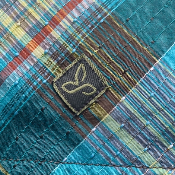 LG prAna Ostend Plaid Short Sleeve Shirt Organic Cotton Blend Green Yellow - Picture 9 of 10